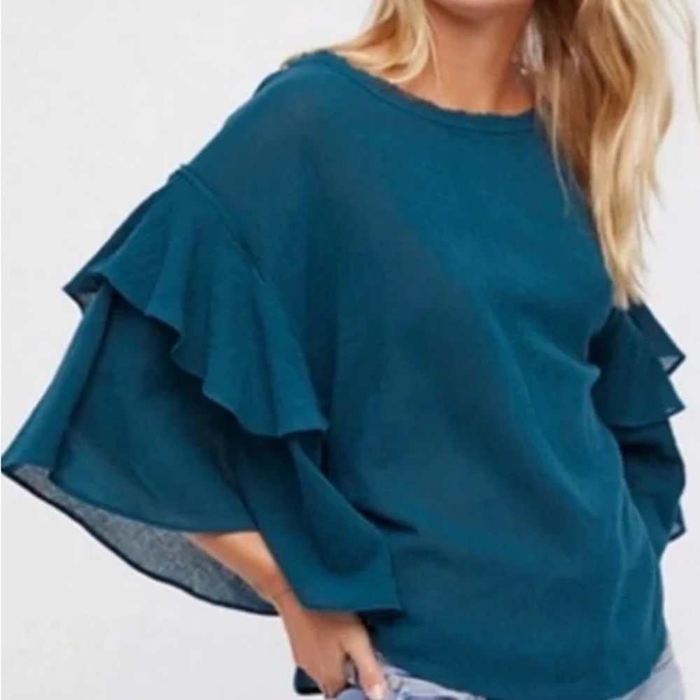 NEW! Free People 100% Cotton Teal Bell Sleeve Cropped Flowy Blouse Top Size XS